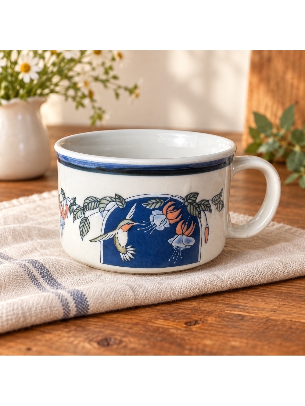 Vintage Hummingbird Mug Otagiri Style Floral Blue White Stoneware Coffee Cup